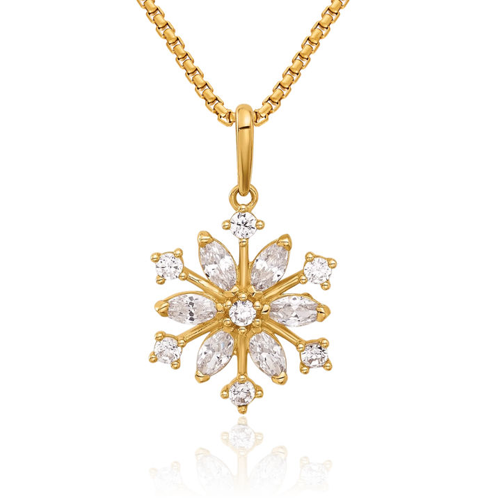 14K Solid Yellow Gold Cubic Zirconia CZ Snowflake Necklace Chain Pendant Charm