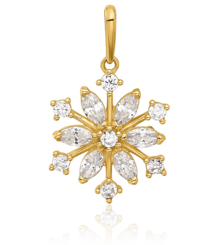 14K Solid Yellow Gold Cubic Zirconia CZ Snowflake Necklace Chain Pendant Charm