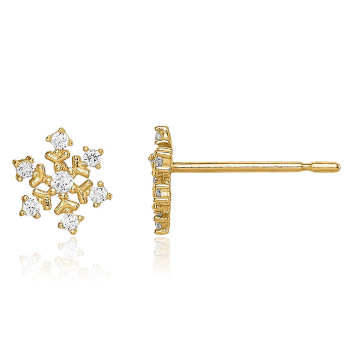 14K Solid Yellow Gold Cubic Zirconia CZ Snowflake Stud Earrings