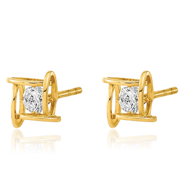 14K Solid Yellow Gold Cubic Zirconia CZ Square Stud Earrings