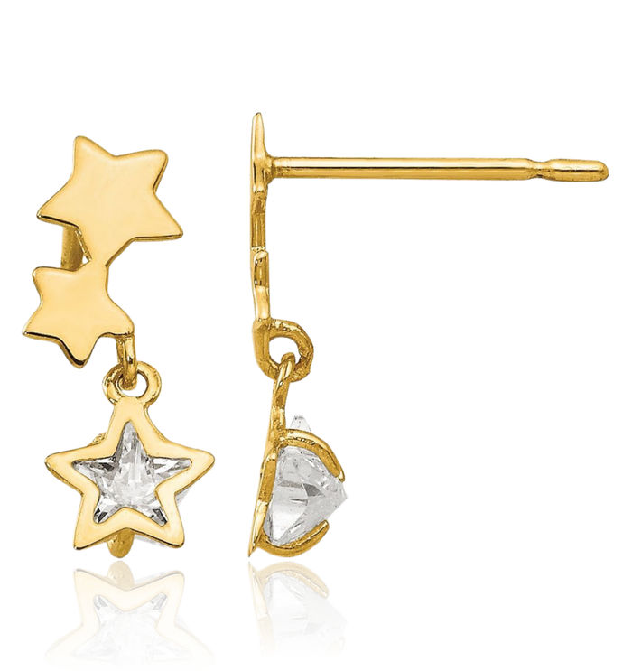 14K Solid Yellow Gold Cubic Zirconia CZ Star Drop Dangle Earrings