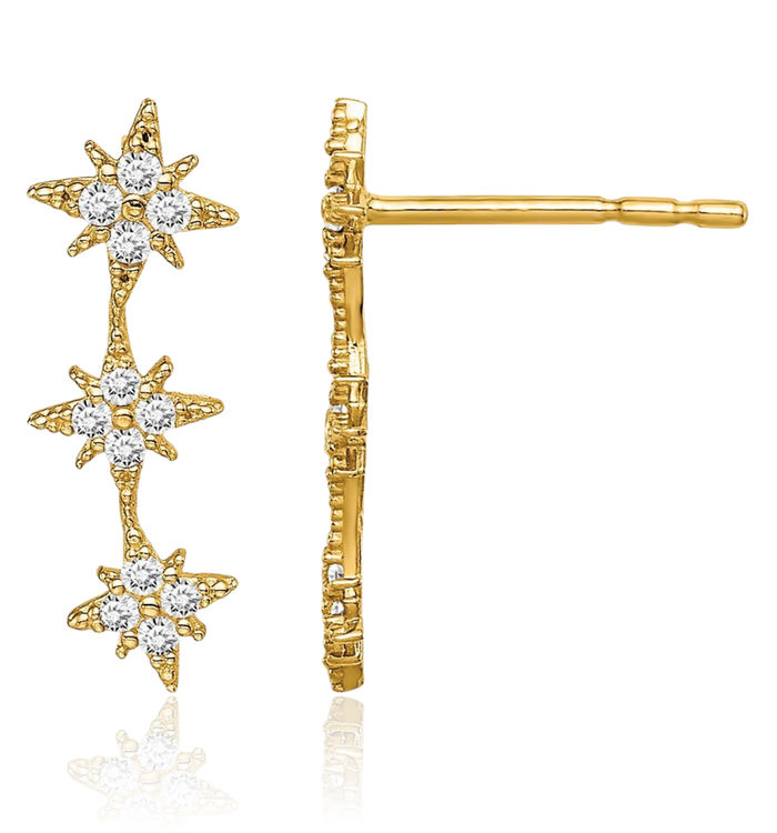 14K Solid Yellow Gold Cubic Zirconia CZ Star Drop Bar Dangle Line Stud Earrings