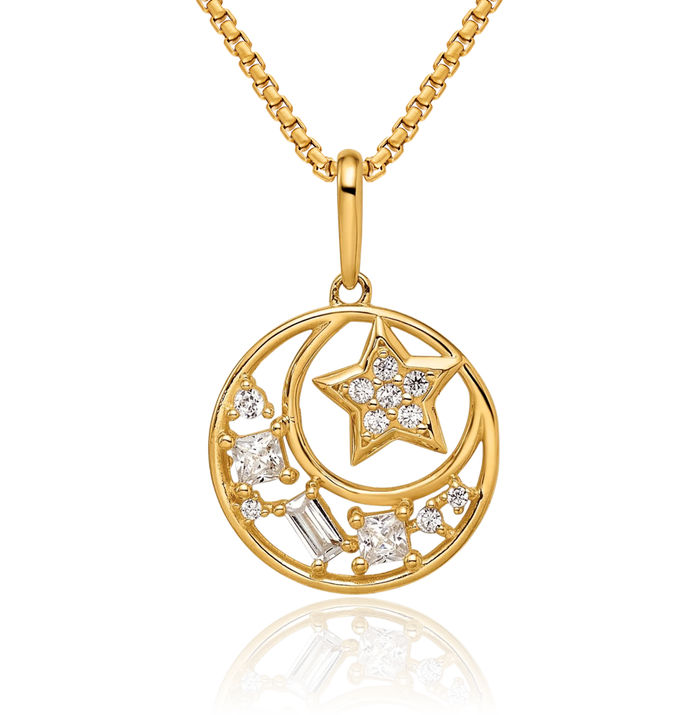 14K Solid Yellow Gold Cubic Zirconia CZ Star Crescent Moon Necklace Chain Pendant Charm Celestial Jewelry