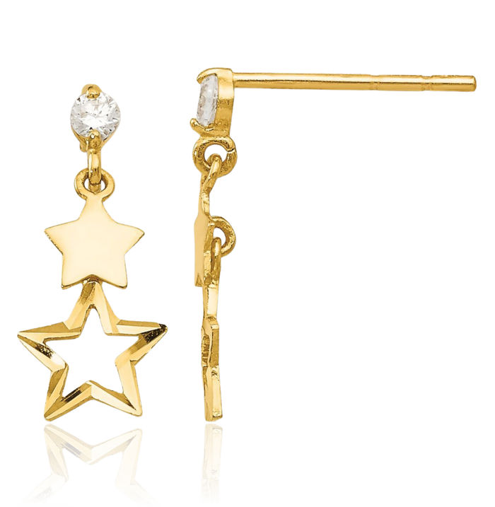 14K Solid Yellow Gold Cubic Zirconia CZ Star Post Drop Dangle Earrings