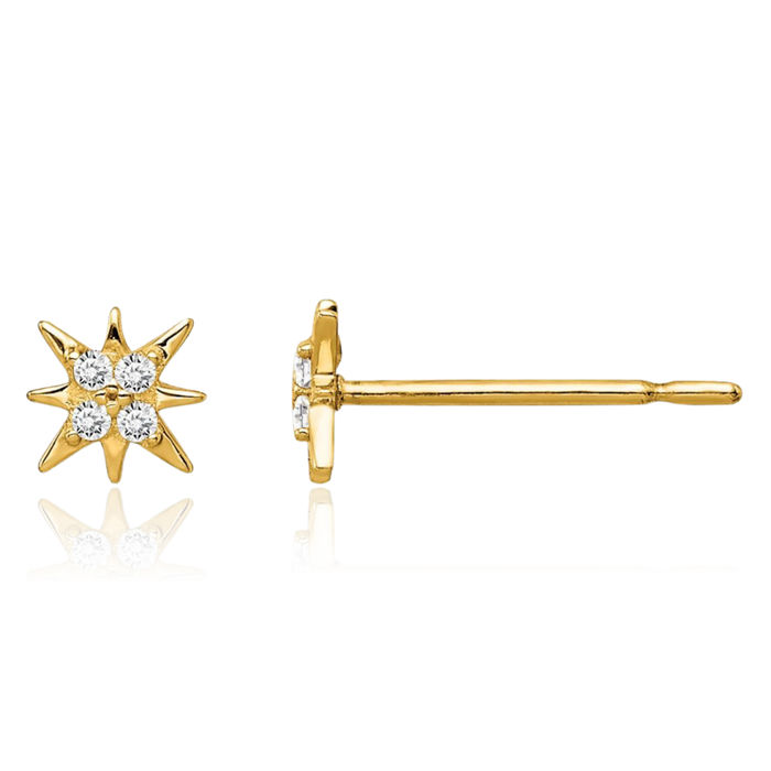 14K Solid Yellow Gold Cubic Zirconia CZ Star Stud Earrings