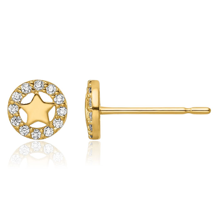 14K Solid Yellow Gold Cubic Zirconia CZ Star Stud Earrings