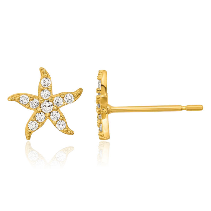 14K Solid Yellow Gold Cubic Zirconia CZ Starfish Stud Earrings