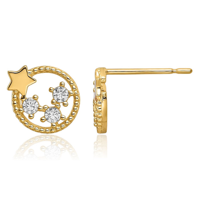 14K Solid Yellow Gold Cubic Zirconia CZ Stars Stud Earrings