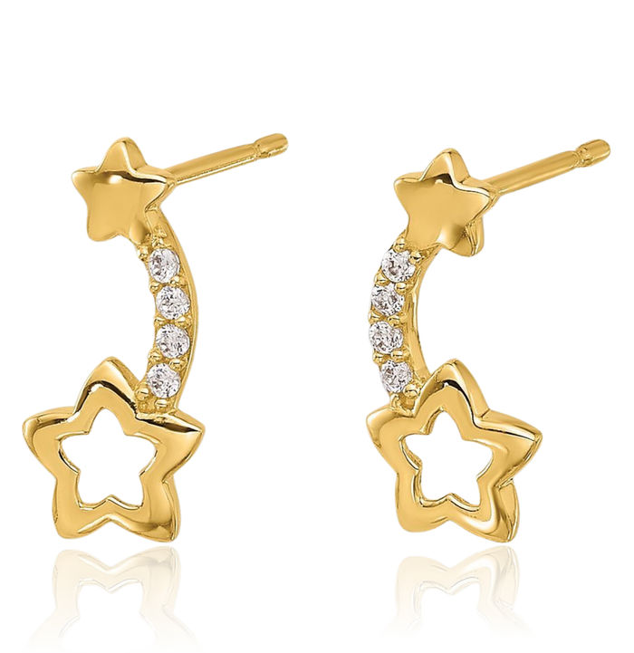 14K Solid Yellow Gold Cubic Zirconia CZ Stars Stud Earrings