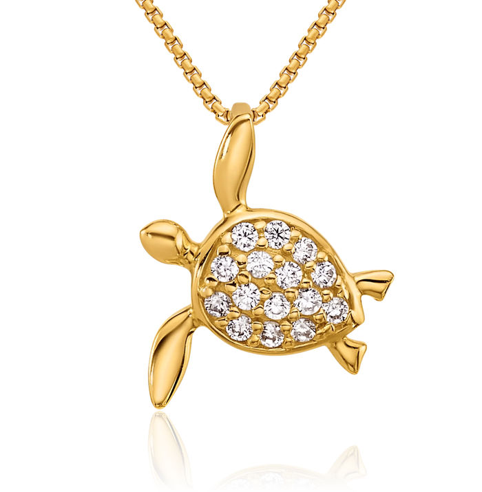 14K Solid Yellow Gold Cubic Zirconia CZ Sea Turtle Floating Chain Slide Pendant Necklace Charm