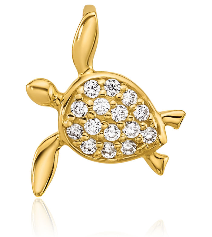 14K Solid Yellow Gold Cubic Zirconia CZ Sea Turtle Floating Chain Slide Pendant Necklace Charm