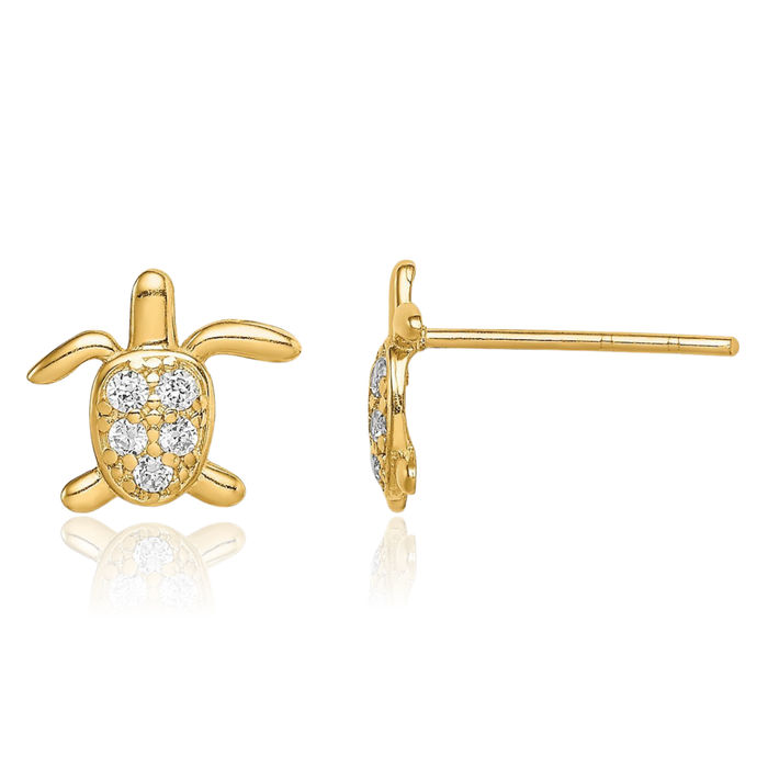 14K Solid Yellow Gold Cubic Zirconia CZ Sea Turtle Stud Earrings