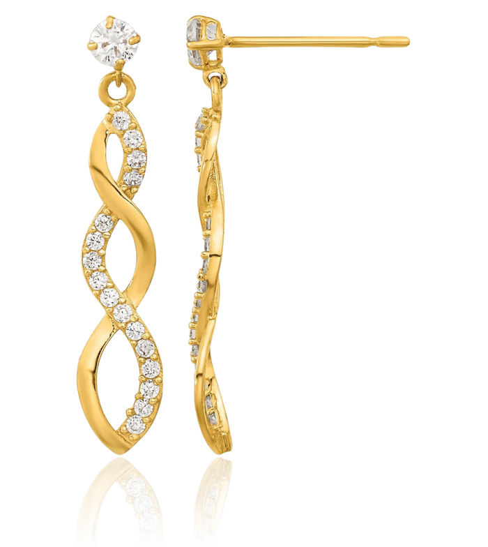 14K Solid Yellow Gold Cubic Zirconia CZ Twisted Drop Dangle Earrings