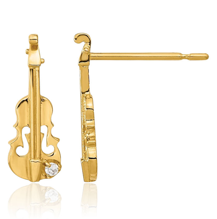 14K Solid Yellow Gold Cubic Zirconia CZ Violin Stud Earrings