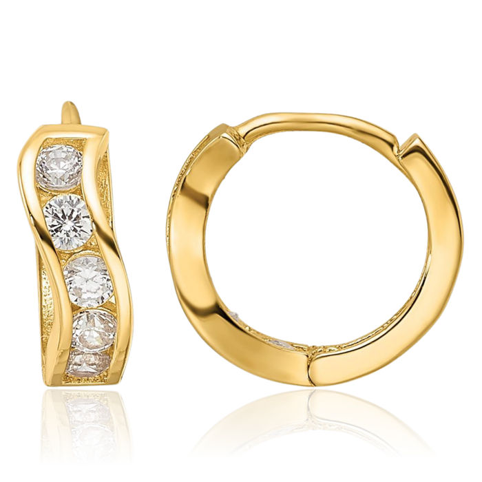 14K Solid Yellow Gold Cubic Zirconia CZ Wavy Huggie Mini Hoop Earrings