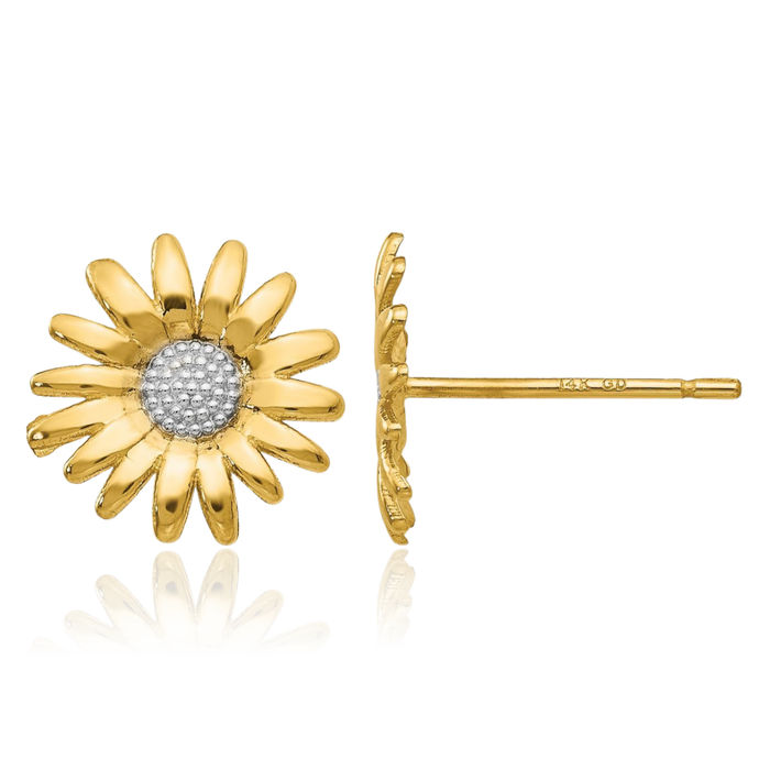 14K Solid Yellow Gold Daisy Flower Stud Earrings