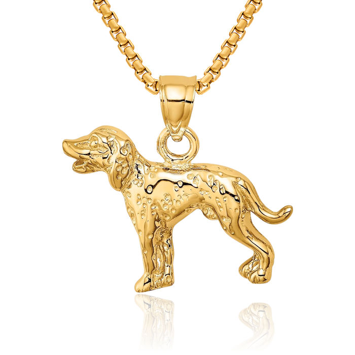 14K Solid Yellow Gold Small Dalmatian Dog Pendant Necklace
