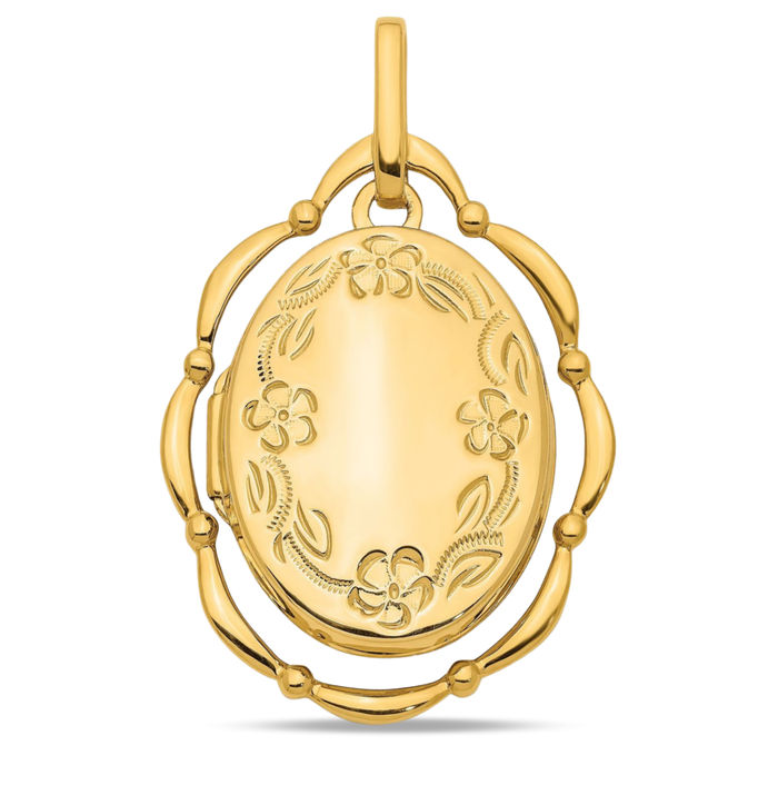 14K Solid Yellow Gold Dancing Flower Oval Personalized Photo Locket Necklace Picture Pendant Charm