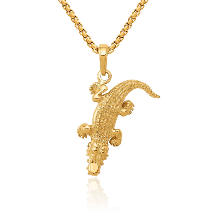 14K Solid Yellow Gold Dangling Alligator Necklace Chain Pendant Charm