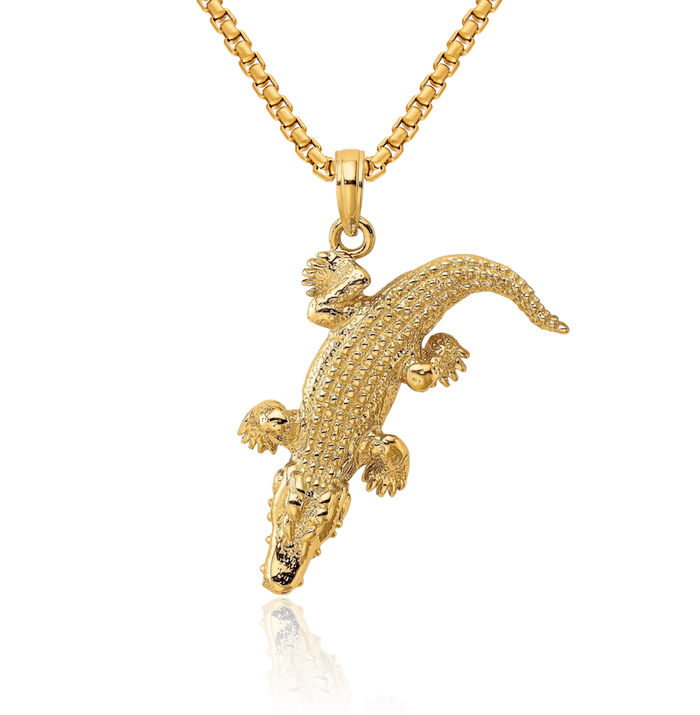 14K Solid Yellow Gold Dangling Alligator Necklace Chain Pendant Charm