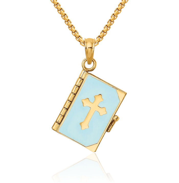 14K Solid Yellow Gold Dangling Blue Bible Book Pages Necklace Chain Pendant Charm