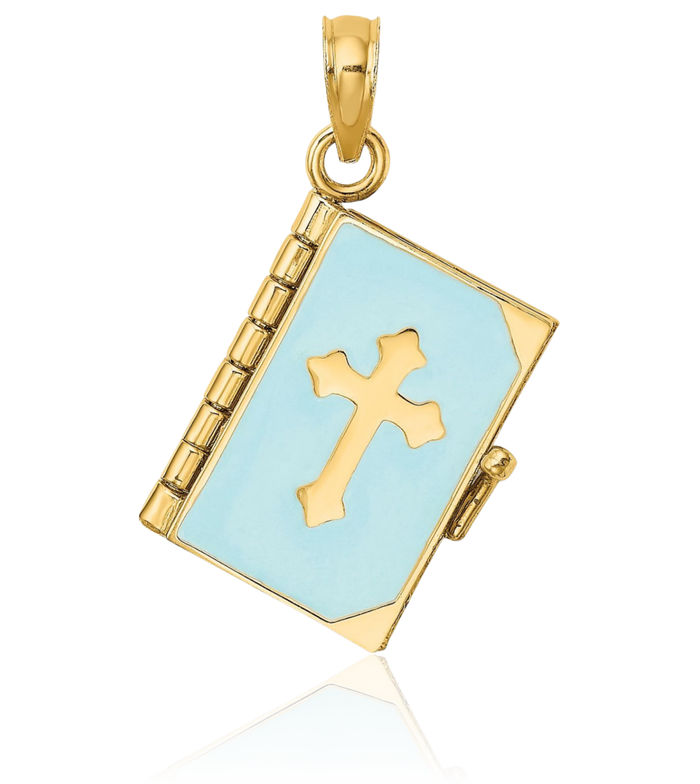 14K Solid Yellow Gold Dangling Blue Bible Book Pages Necklace Chain Pendant Charm