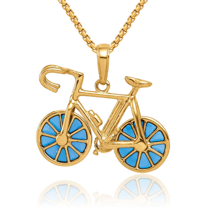 14K Solid Yellow Gold Dangling Blue Bicycle Bike Necklace Chain Pendant Charm