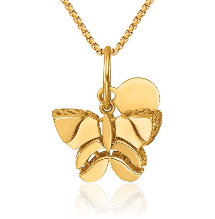 14K Solid Yellow Gold Dangling Butterfly Wings Necklace Chain Pendant Charm