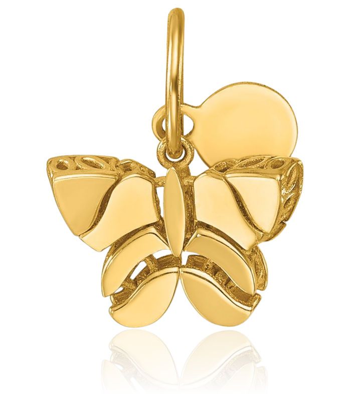 14K Solid Yellow Gold Dangling Butterfly Wings Necklace Chain Pendant Charm