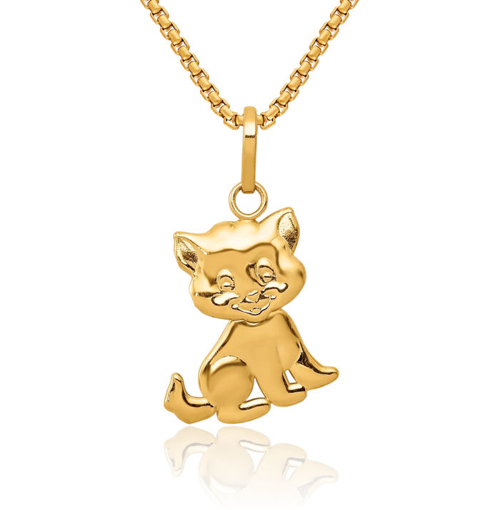 14K Solid Yellow Gold Dangling Cat Necklace Chain Pendant Charm