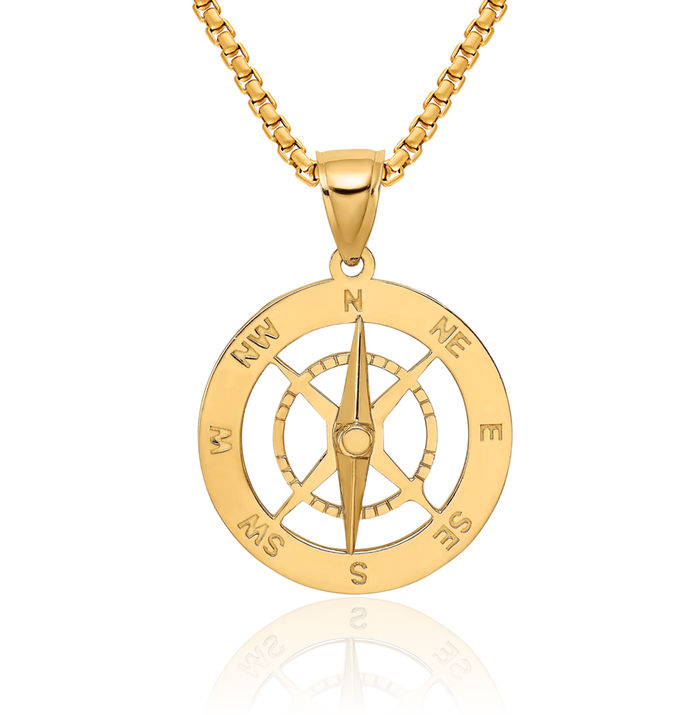 14K Solid Yellow Gold Dangling Nautical North Star Compass Needle Necklace Chain Pendant Charm