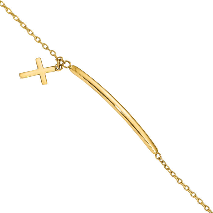 14K Solid Yellow Gold Dangling Cross Chain Charm Bracelet