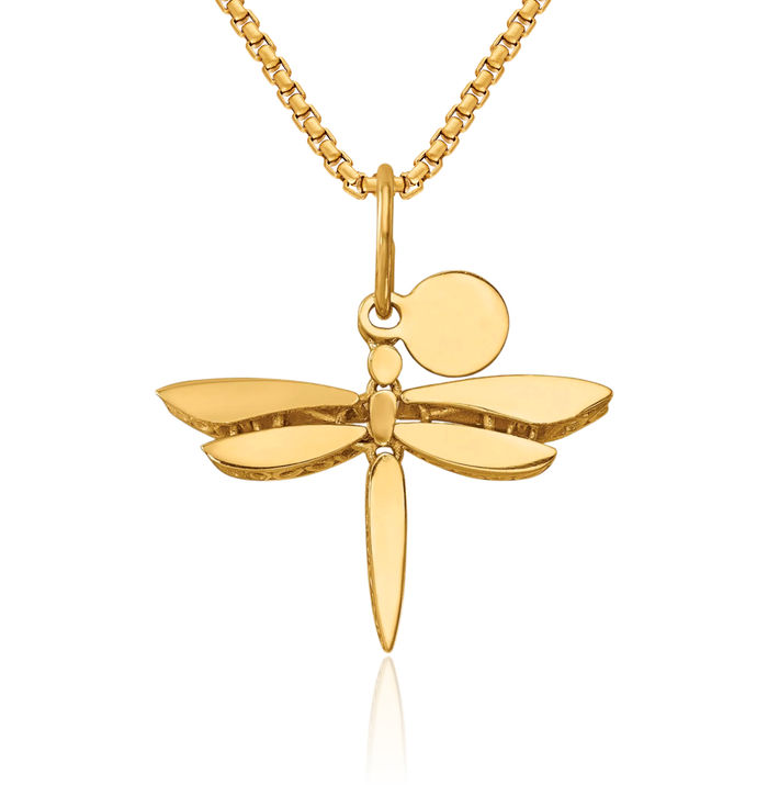 14K Solid Yellow Gold Dangling Dragonfly Necklace Chain Pendant Charm