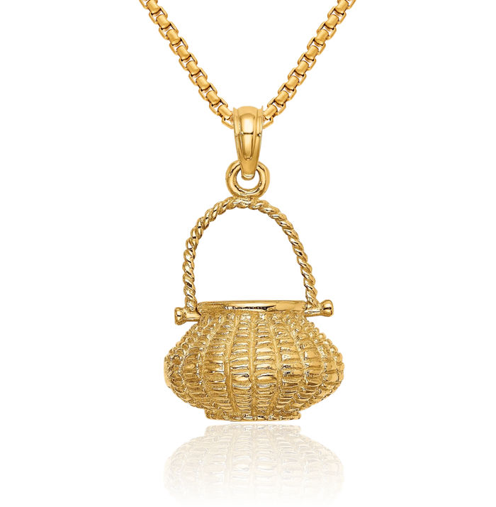 14K Solid Yellow Gold Dangling Flower Lightship Nantucket Basket Necklace Hanging Charm Pendant