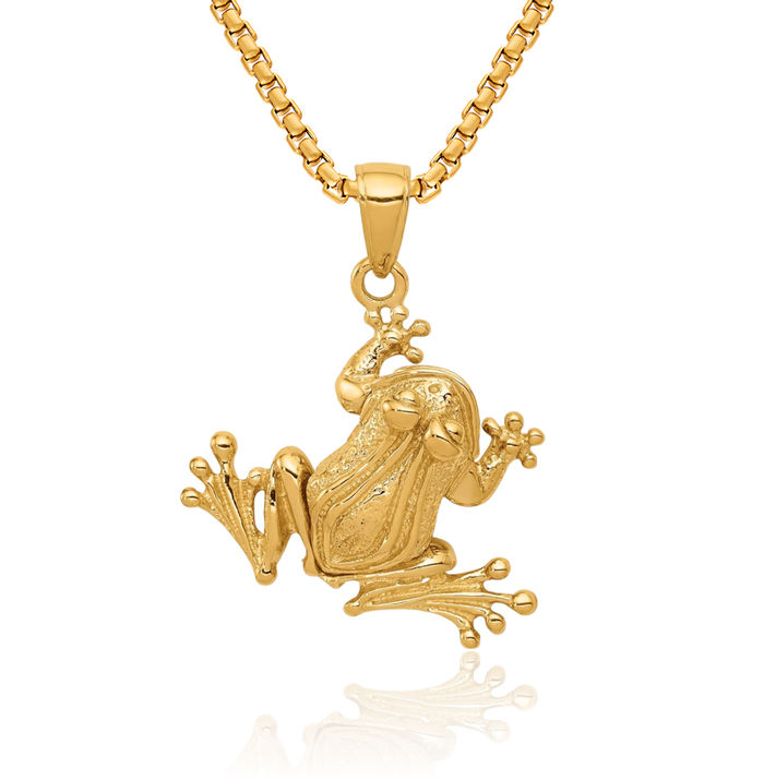 14K Solid Yellow Gold Dangling Frog Necklace Chain Pendant Charm