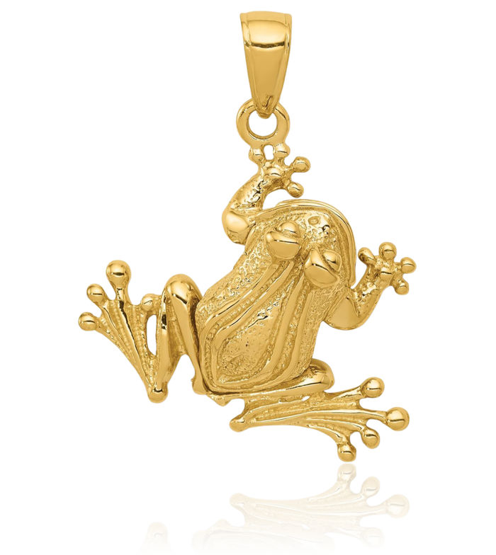 14K Solid Yellow Gold Dangling Frog Necklace Chain Pendant Charm