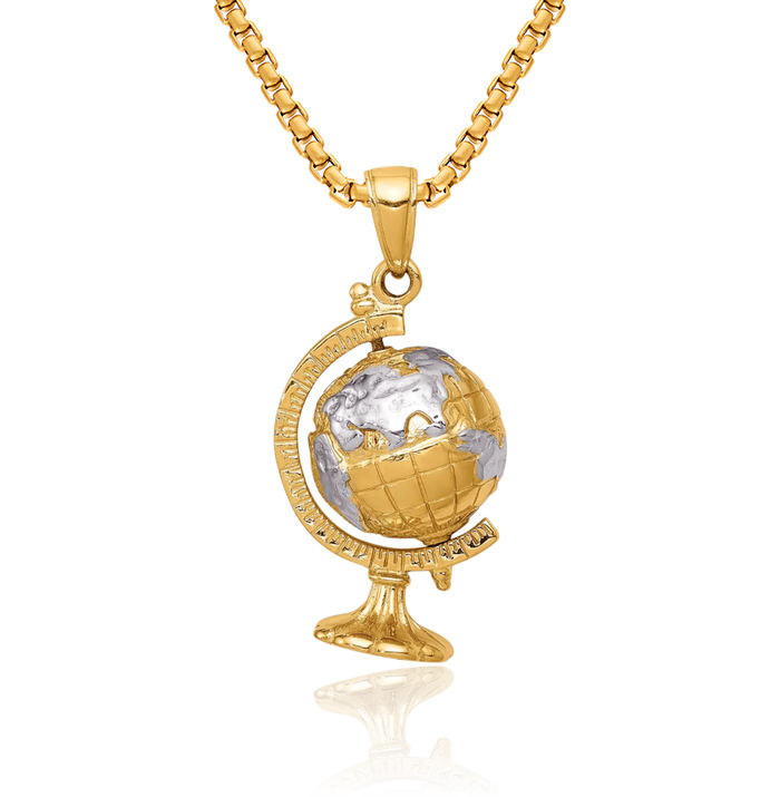 14K Solid Yellow Gold Dangling Globe Necklace Chain Pendant Charm