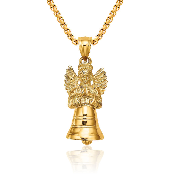 14K Solid Yellow Gold Dangling Guardian Angel Wings Necklace Protect Us Cherub Pendant Religious Charm