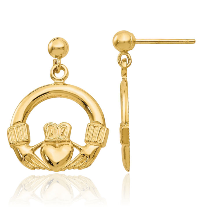 14K Solid Yellow Gold Dangling Heart Irish Claddagh Celtic Drop Dangle Earrings Jewelry