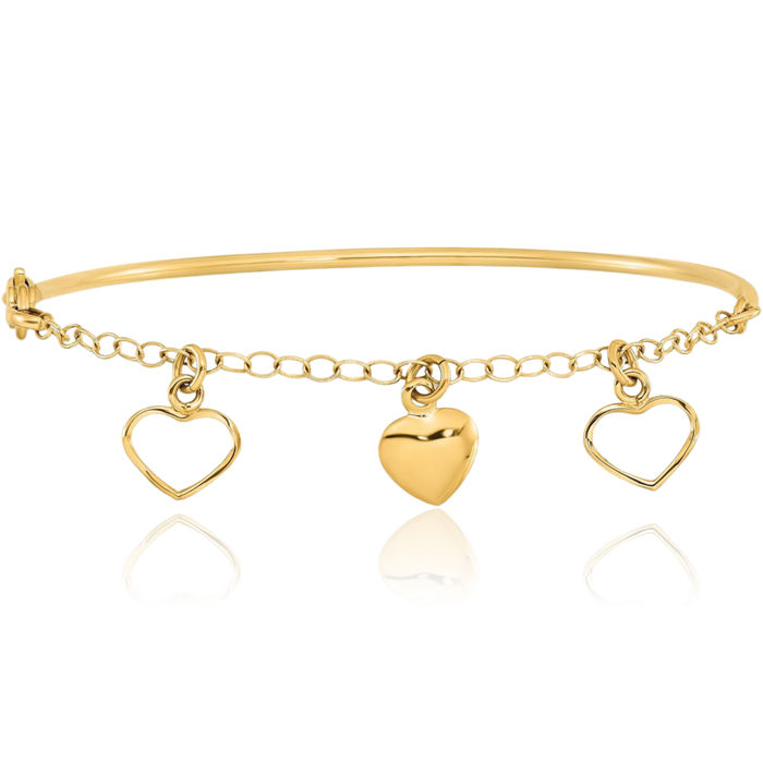 14K Solid Yellow Gold Dangling Heart Chain Bangle Charm Bracelet