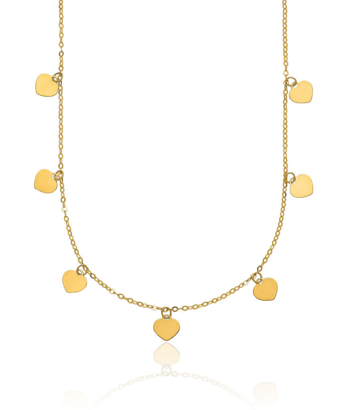 14K Solid Yellow Gold Dangling Heart Discs Necklace Chain