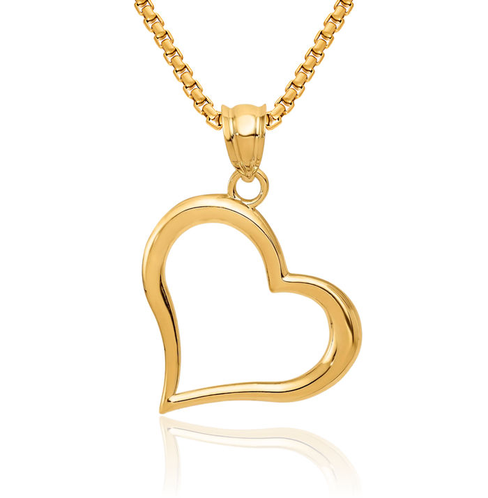 14K Solid Yellow Gold Dangling Heart Necklace Love Pendant Charm