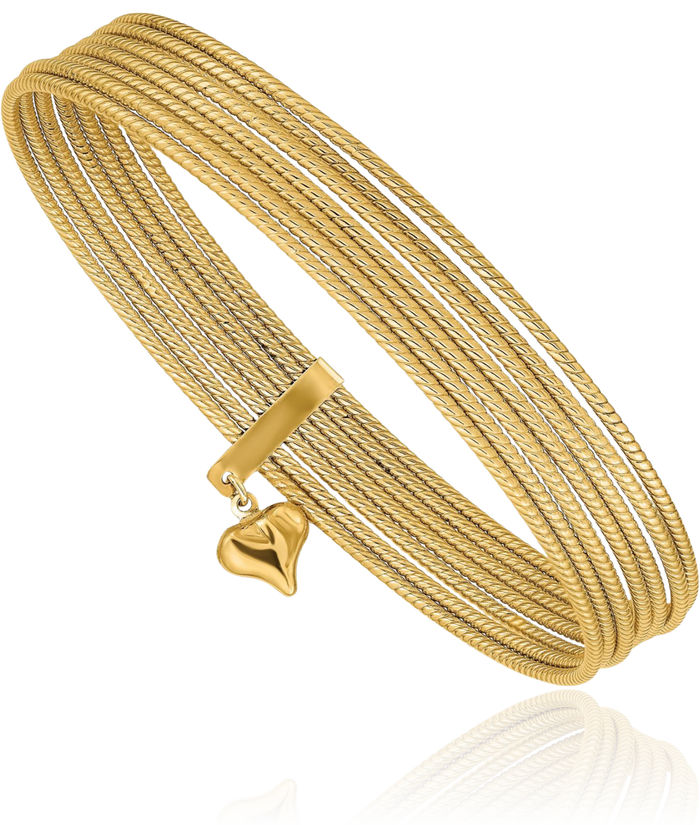 14K Solid Yellow Gold Dangling Heart Slip On Set of 7 Bangle Bracelet