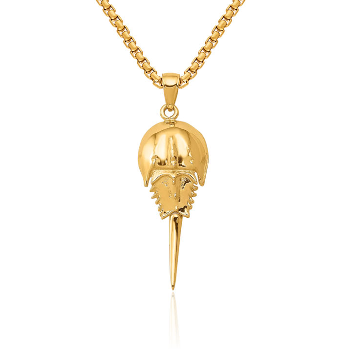 14K Solid Yellow Gold Dangling Lucky Horseshoe Crab Claw Necklace Animal Lover Pendant Equestrian Charm