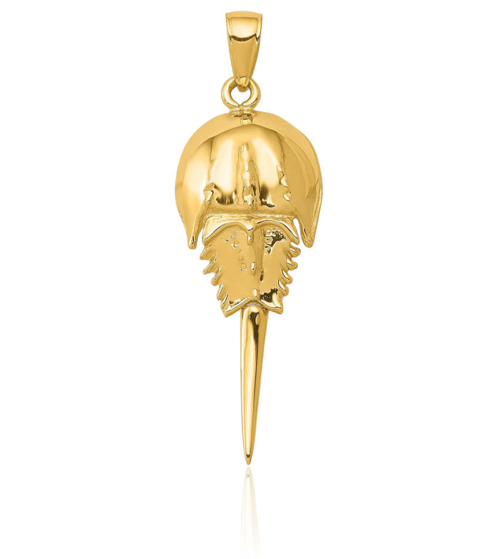 14K Solid Yellow Gold Dangling Lucky Horseshoe Crab Claw Necklace Animal Lover Pendant Equestrian Charm