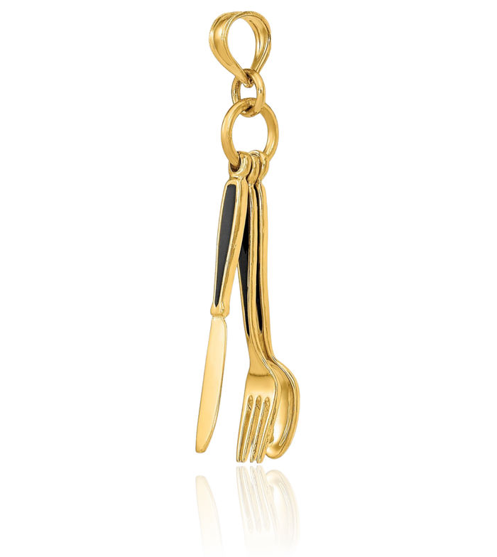 14K Solid Yellow Gold Dangling Knife Fork Spoon Necklace