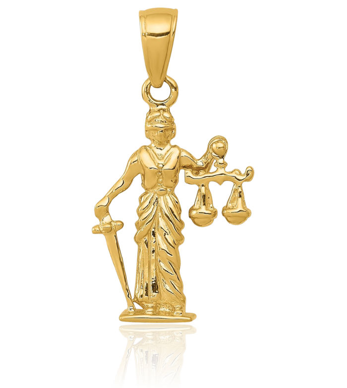 14K Solid Yellow Gold Dangling Lady of Justice Scales Necklace Chain Pendant Charm