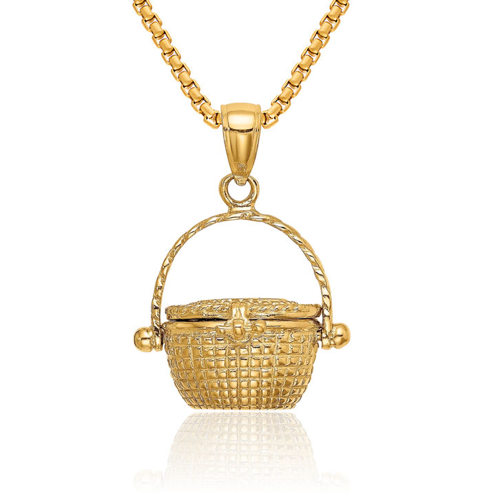 14K Solid Yellow Gold Dangling Lightship Nantucket Basket Necklace Hanging Charm Pendant