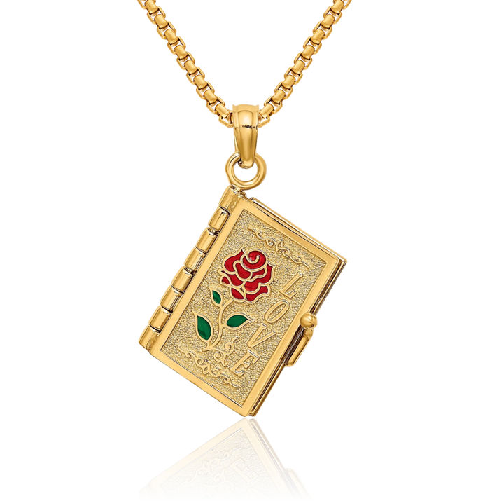 14K Solid Yellow Gold Dangling Love Rose Flower Book Necklace Chain Pendant Charm