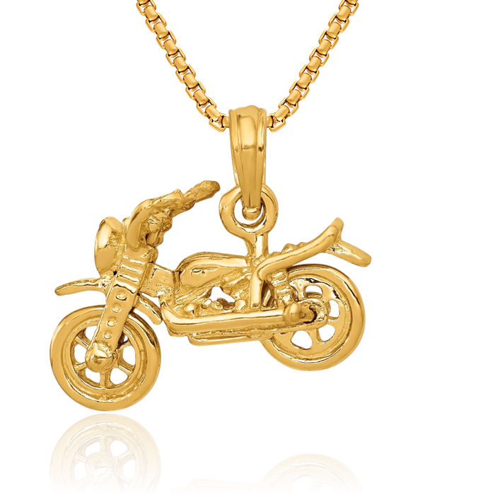 14K Solid Yellow Gold Dangling Motorcycle Bike Necklace Chain Pendant Charm